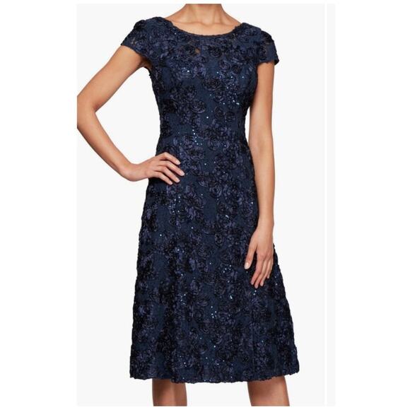 Alex Evenings Audrey Rosette Lace Dress Navy Blue Short Cap Sleeves Women's 6 - Picture 1 of 14